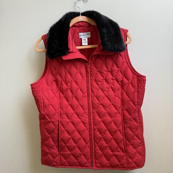 Pendleton Womens Quilted Down Blend Vest Jacket Faux Fur Collar Red Size L - Picture 1 of 6